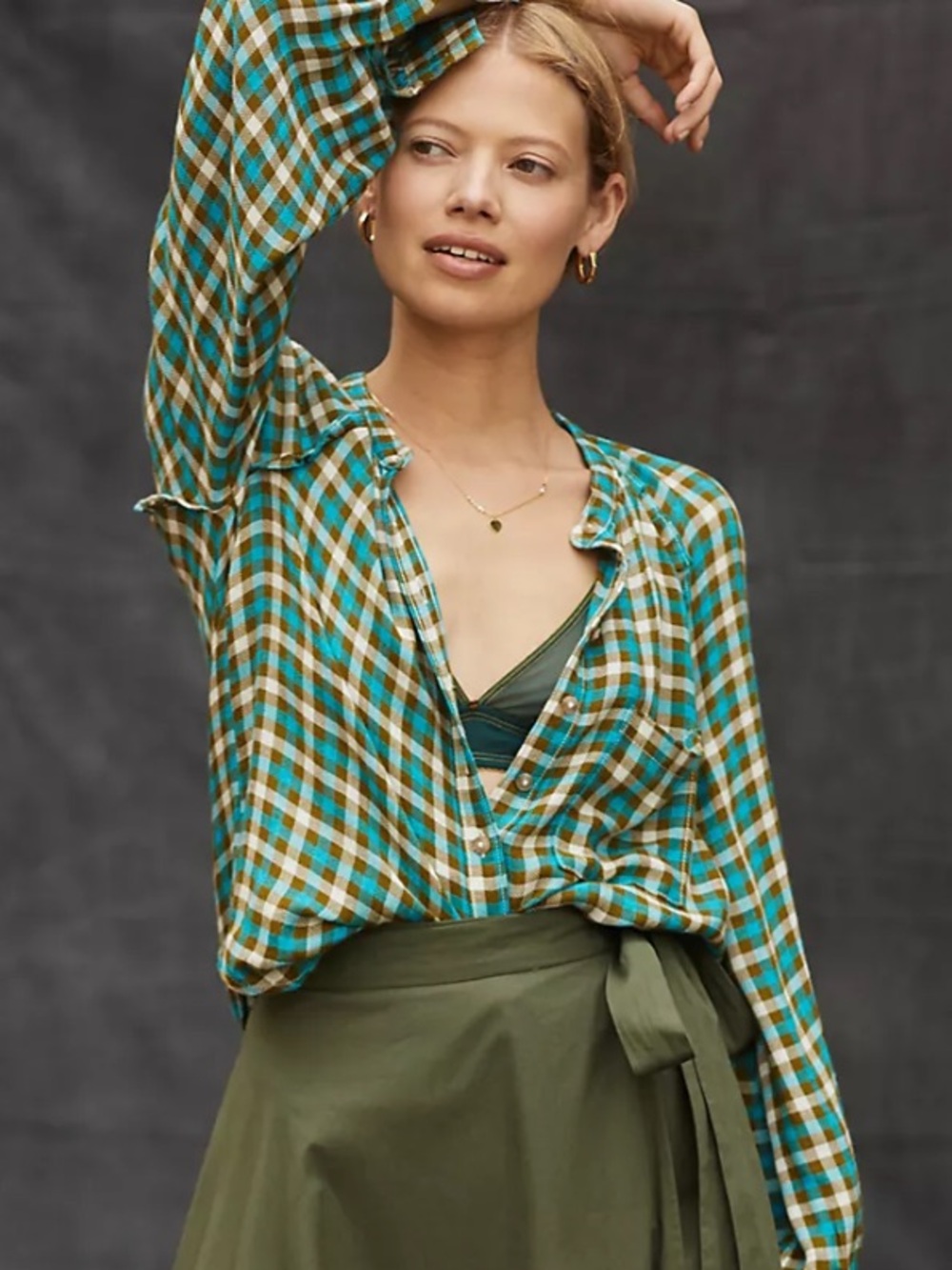 PILCRO! Plaid ANTHROPOLOGIE button -Front Women’s Top in Teal & Olive! S